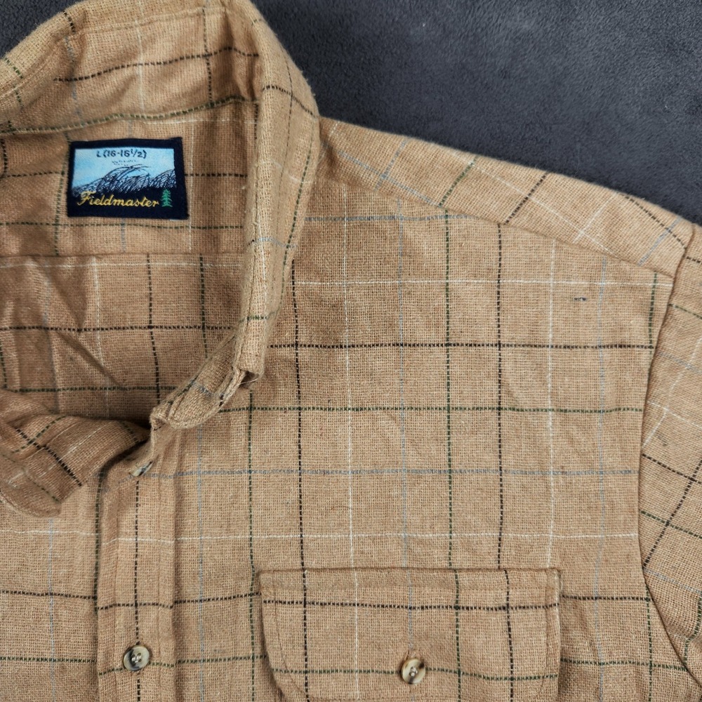 Vintage Fieldmaster Shirt Mens Large Tan Plaid Linen Blend Button Up Long Sleeve